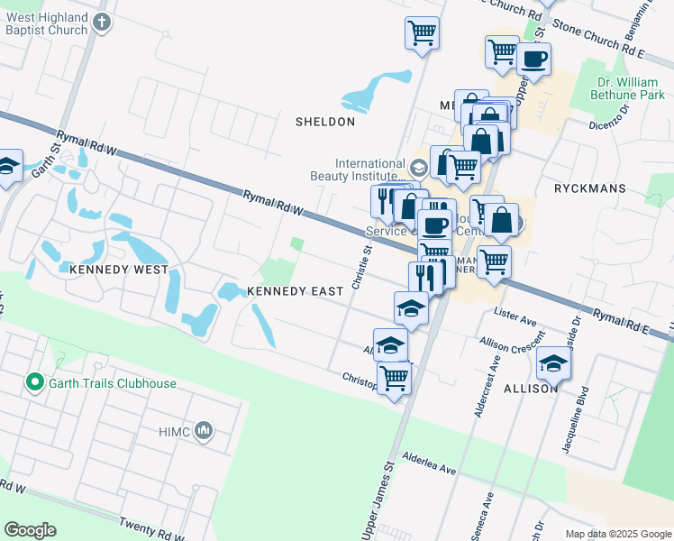 map of restaurants, bars, coffee shops, grocery stores, and more near 92 Kennedy Avenue in Hamilton