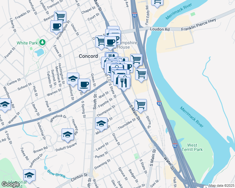 map of restaurants, bars, coffee shops, grocery stores, and more near 17 South State Street in Concord