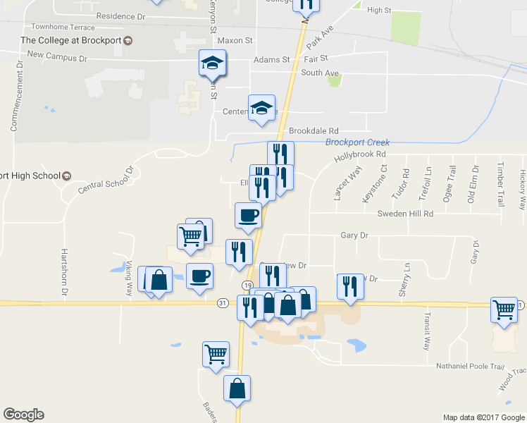 map of restaurants, bars, coffee shops, grocery stores, and more near 4647 Lake Road in Brockport