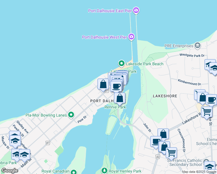 map of restaurants, bars, coffee shops, grocery stores, and more near 12 Main Street in St. Catharines