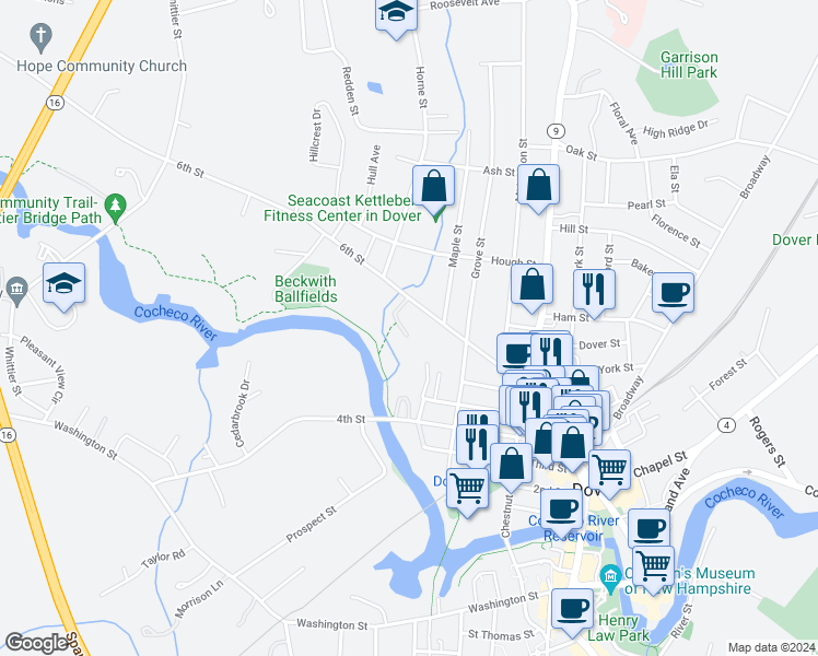 map of restaurants, bars, coffee shops, grocery stores, and more near 30 Station Drive in Dover