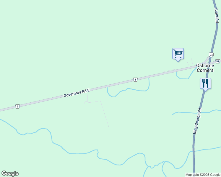 map of restaurants, bars, coffee shops, grocery stores, and more near 452 Governor's Road in Brant