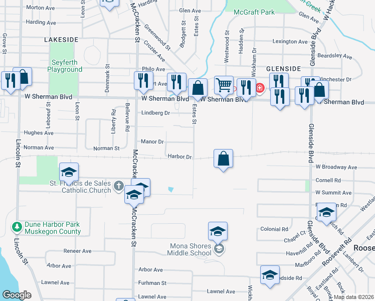 map of restaurants, bars, coffee shops, grocery stores, and more near 1821 Manor Drive in Norton Shores