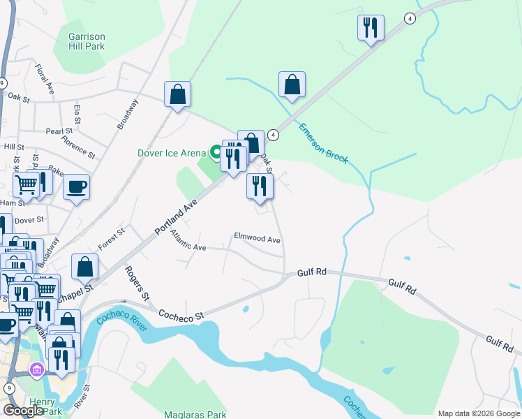 map of restaurants, bars, coffee shops, grocery stores, and more near 99 Oak Street in Dover