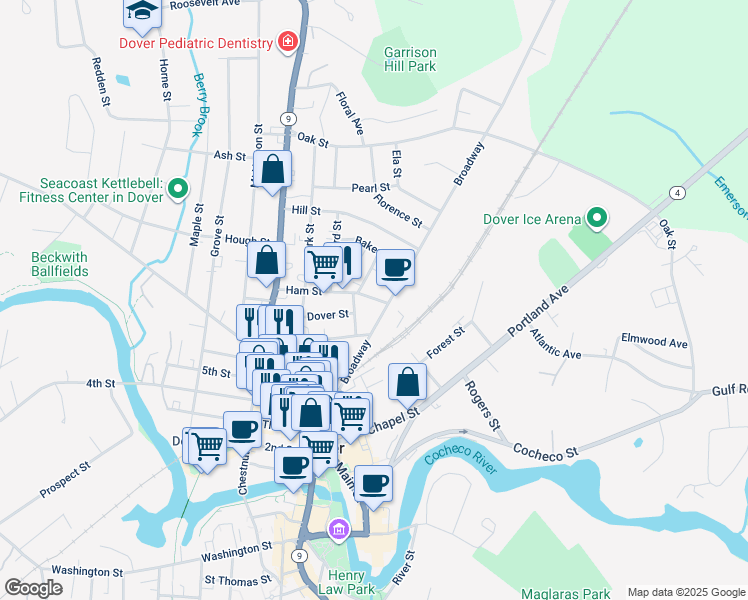 map of restaurants, bars, coffee shops, grocery stores, and more near 23 Everett Street in Dover