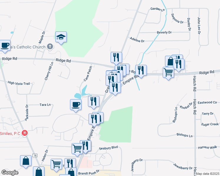 map of restaurants, bars, coffee shops, grocery stores, and more near 1061 Gravel Road in Webster