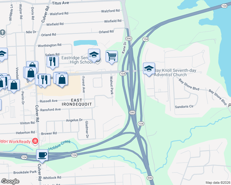 map of restaurants, bars, coffee shops, grocery stores, and more near 91 Walnut Park in Rochester
