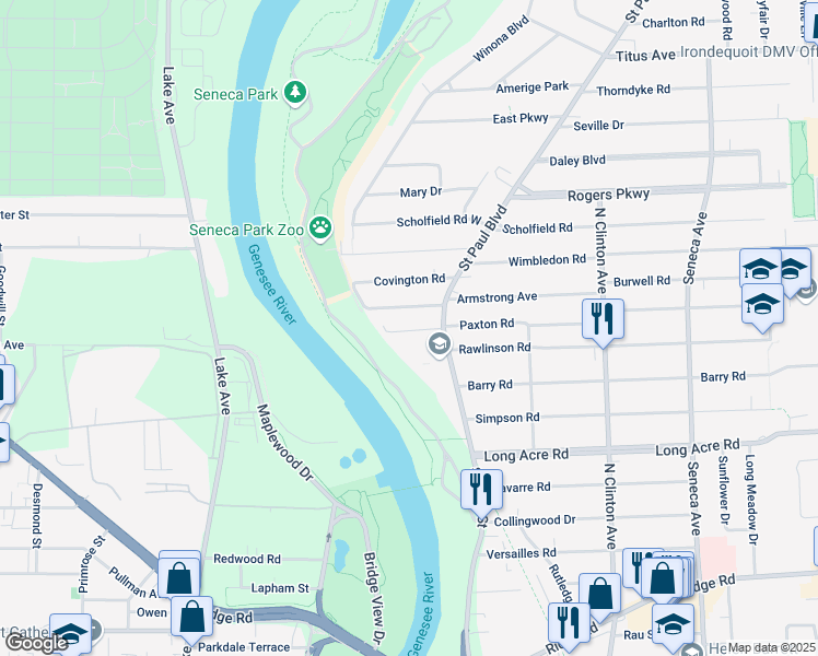 map of restaurants, bars, coffee shops, grocery stores, and more near 63 Westbourne Road in Rochester