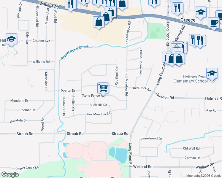 map of restaurants, bars, coffee shops, grocery stores, and more near 196 Red Rock Road in Rochester
