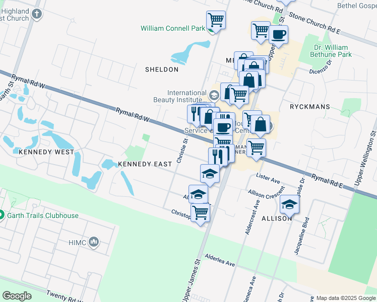 map of restaurants, bars, coffee shops, grocery stores, and more near 19 Christie Street in Hamilton