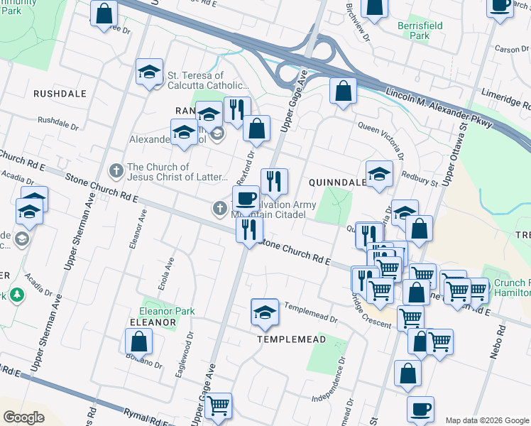 map of restaurants, bars, coffee shops, grocery stores, and more near 1355 Upper Gage Avenue in Hamilton