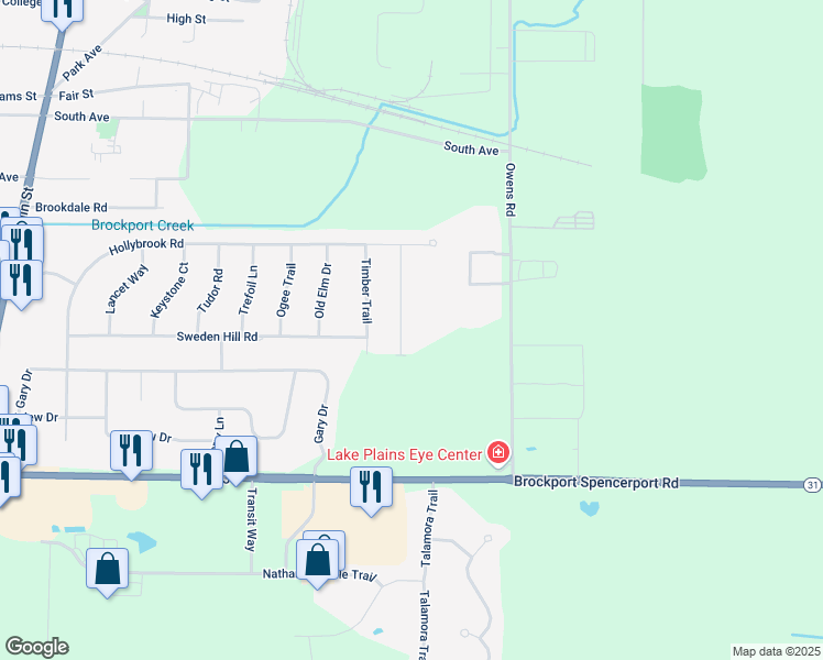 map of restaurants, bars, coffee shops, grocery stores, and more near 15 Hickory Way in Brockport