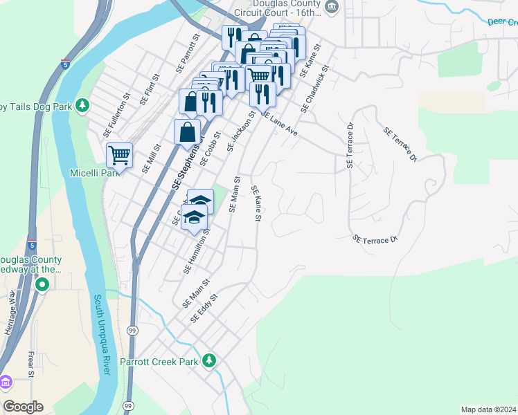 map of restaurants, bars, coffee shops, grocery stores, and more near 1177 Southeast Kane Street in Roseburg