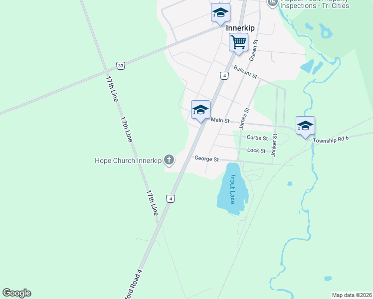 map of restaurants, bars, coffee shops, grocery stores, and more near 82 Blandford Street in Innerkip