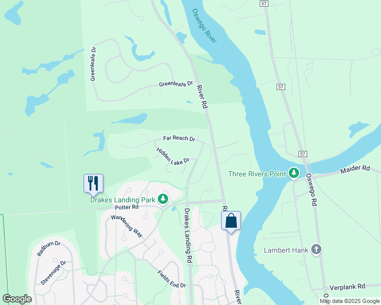 map of restaurants, bars, coffee shops, grocery stores, and more near 3208 Far Reach Drive in Baldwinsville
