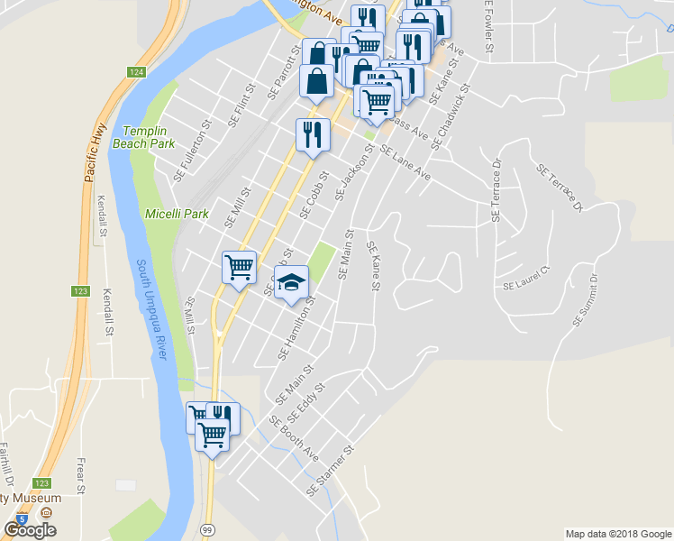 map of restaurants, bars, coffee shops, grocery stores, and more near 1248 Southeast Main Street in Roseburg