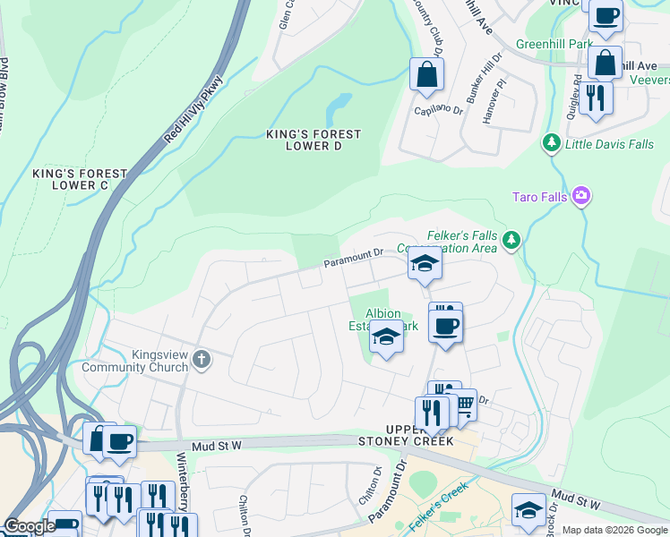 map of restaurants, bars, coffee shops, grocery stores, and more near 83 Amberwood Street in Hamilton