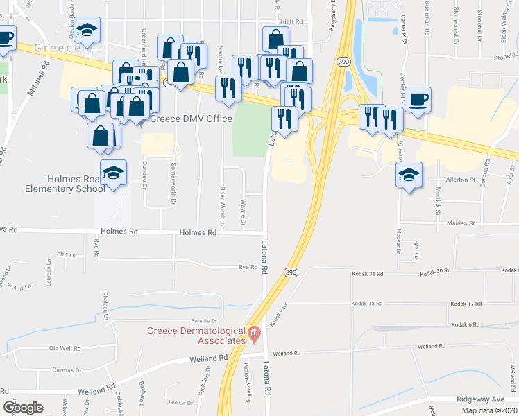 map of restaurants, bars, coffee shops, grocery stores, and more near 319 Latona Road in Rochester