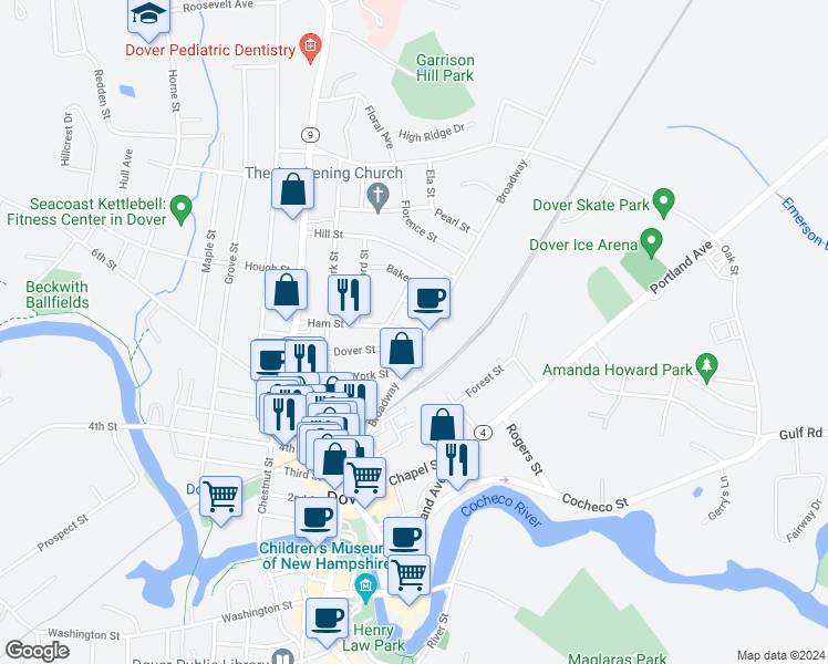 map of restaurants, bars, coffee shops, grocery stores, and more near 52 Ham Street in Dover