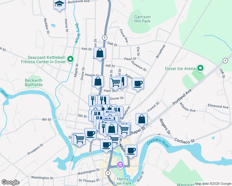 map of restaurants, bars, coffee shops, grocery stores, and more near 23 Ham Street in Dover