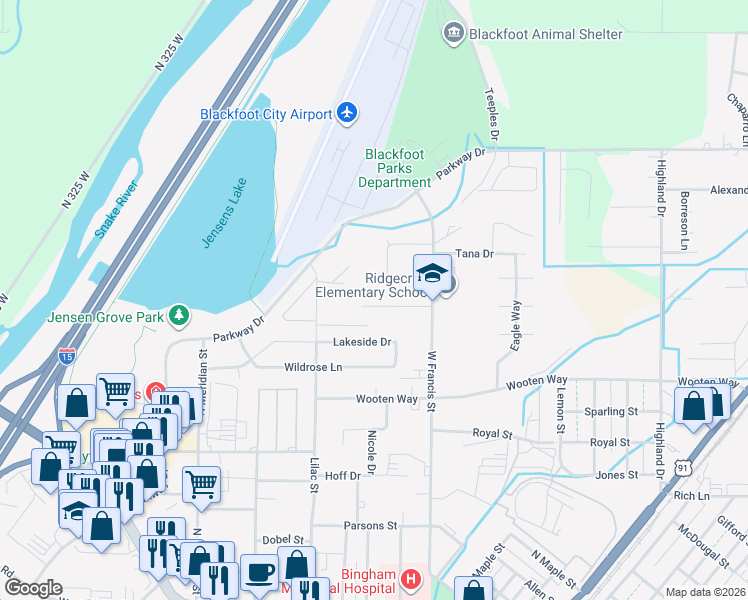 map of restaurants, bars, coffee shops, grocery stores, and more near 514-632 Ridgecrest Street in Blackfoot
