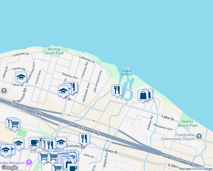 map of restaurants, bars, coffee shops, grocery stores, and more near 414 Elizabeth Street in Grimsby
