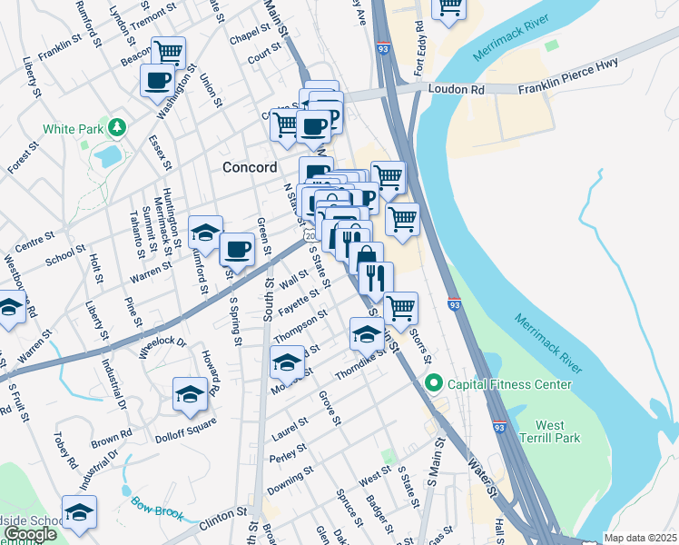 map of restaurants, bars, coffee shops, grocery stores, and more near 30 South Main Street in Concord