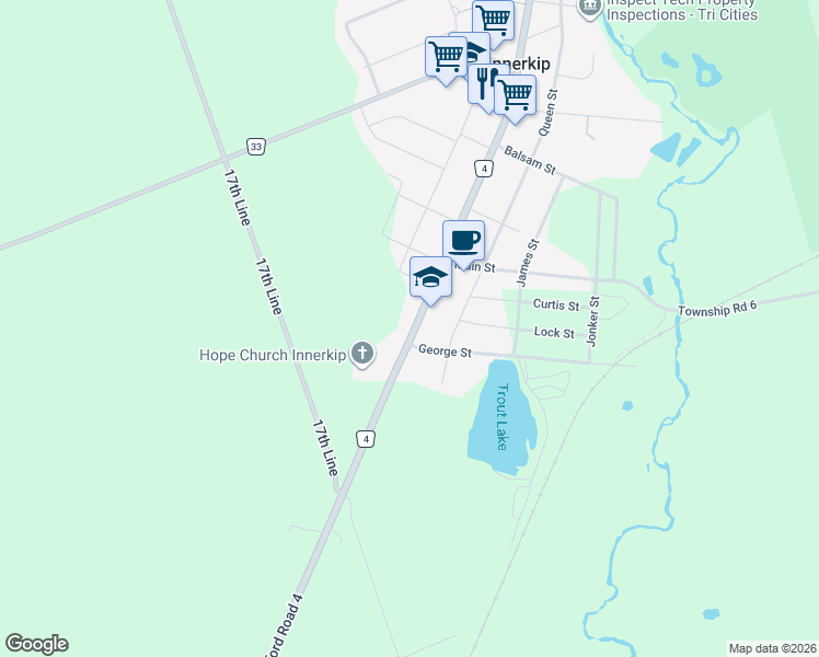 map of restaurants, bars, coffee shops, grocery stores, and more near 82 Blandford Street in Innerkip