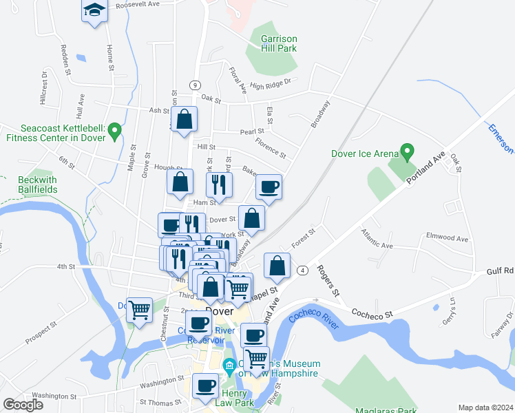 map of restaurants, bars, coffee shops, grocery stores, and more near 50 Ham Street in Dover