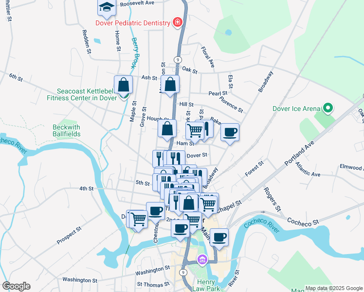 map of restaurants, bars, coffee shops, grocery stores, and more near 4 Ham Street in Dover