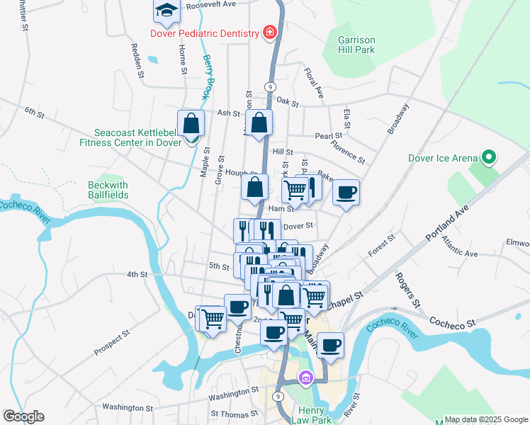 map of restaurants, bars, coffee shops, grocery stores, and more near 4 Ham Street in Dover
