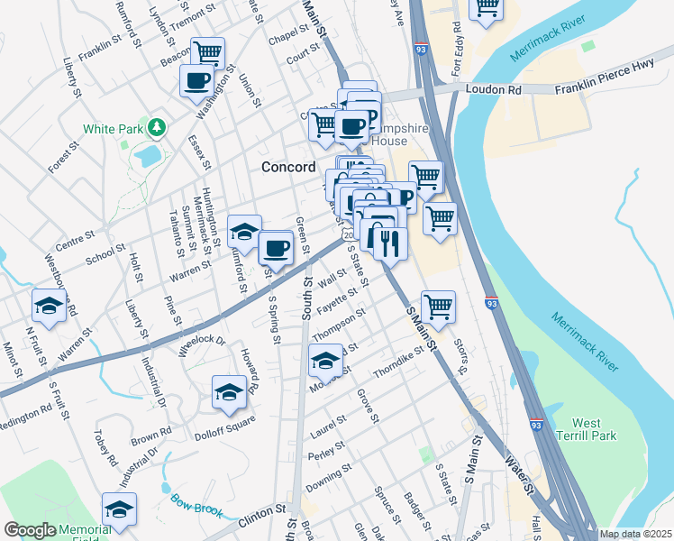 map of restaurants, bars, coffee shops, grocery stores, and more near 35 Pleasant Street in Concord