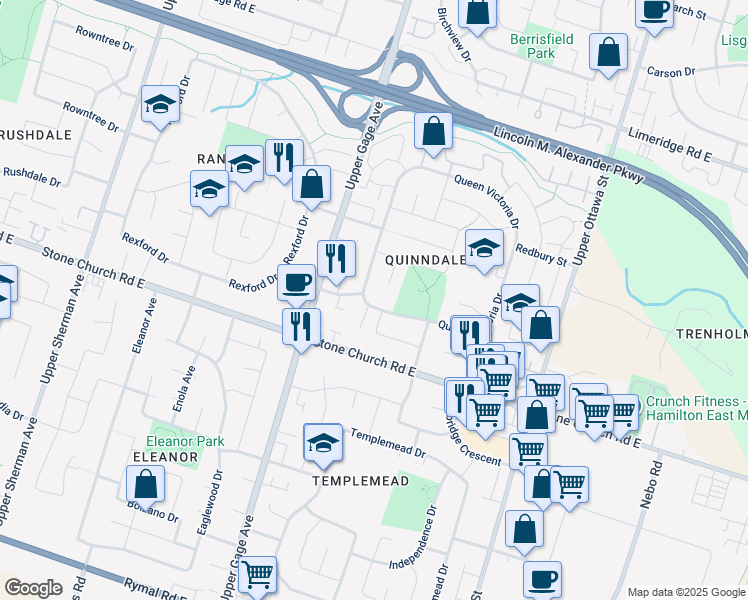 map of restaurants, bars, coffee shops, grocery stores, and more near 535 Queen Victoria Drive in Hamilton