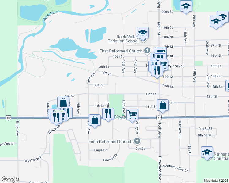 map of restaurants, bars, coffee shops, grocery stores, and more near 13th Avenue in Rock Valley