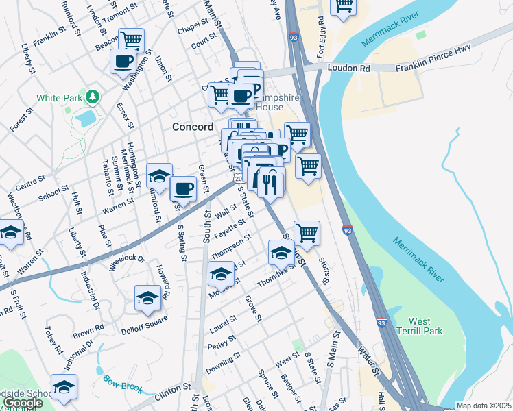 map of restaurants, bars, coffee shops, grocery stores, and more near 30 South Main Street in Concord