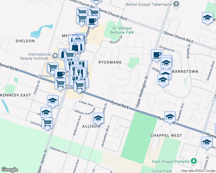 map of restaurants, bars, coffee shops, grocery stores, and more near 402 Dicenzo Drive in Hamilton