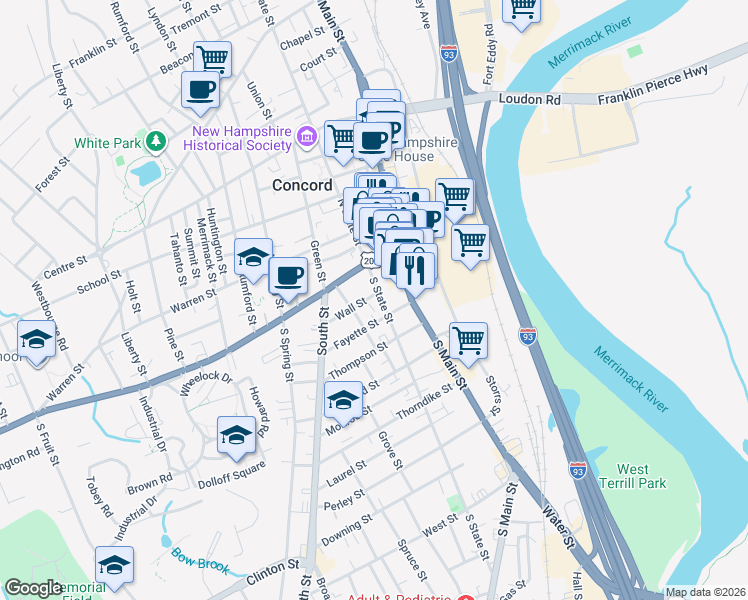 map of restaurants, bars, coffee shops, grocery stores, and more near 17 South State Street in Concord