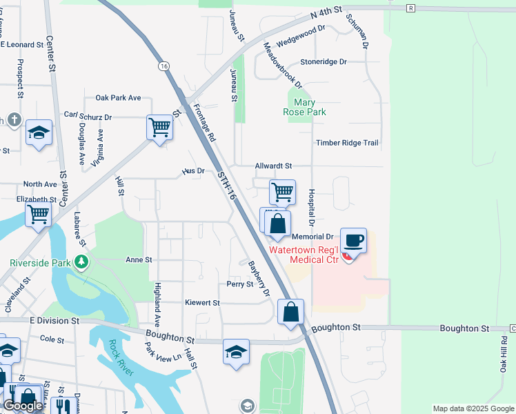 map of restaurants, bars, coffee shops, grocery stores, and more near 1304 Memorial Drive in Watertown