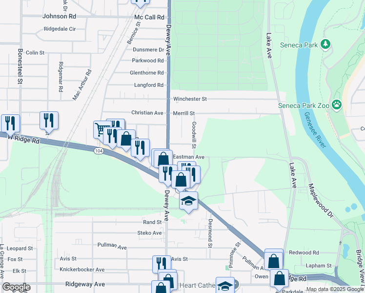 map of restaurants, bars, coffee shops, grocery stores, and more near 13 Velox Street in Rochester