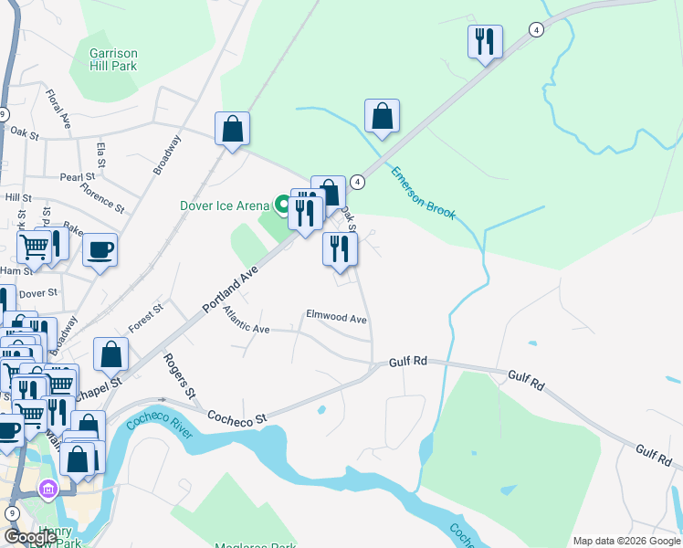 map of restaurants, bars, coffee shops, grocery stores, and more near 87-99 Oak Street in Dover