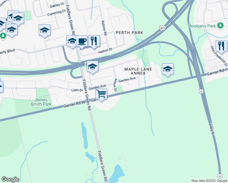 map of restaurants, bars, coffee shops, grocery stores, and more near 526 Anson Drive in Hamilton