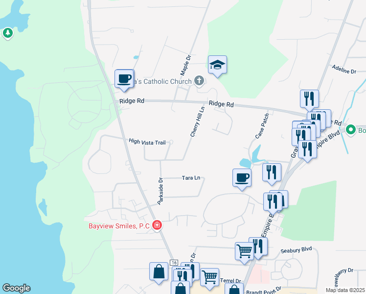 map of restaurants, bars, coffee shops, grocery stores, and more near 1064 Cherry Hill Lane in Webster