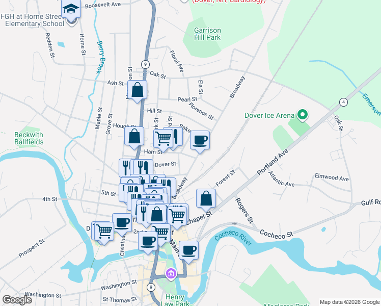 map of restaurants, bars, coffee shops, grocery stores, and more near 23 Everett Street in Dover