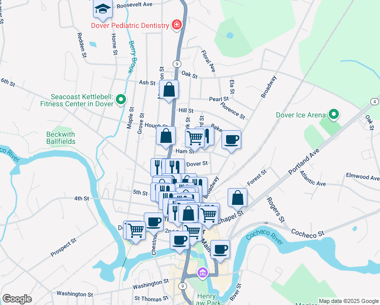 map of restaurants, bars, coffee shops, grocery stores, and more near 18 Ham Street in Dover