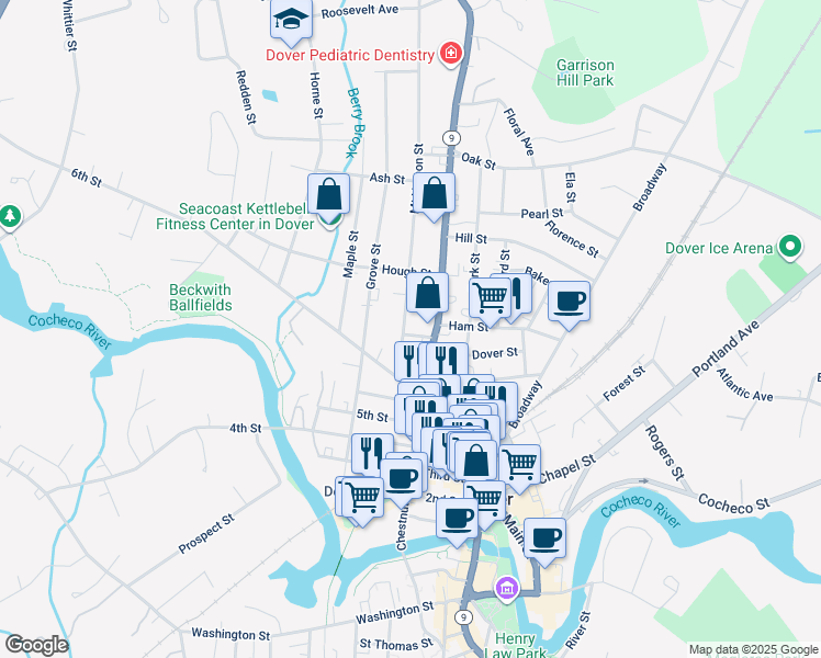 map of restaurants, bars, coffee shops, grocery stores, and more near 27 Mount Vernon Street in Dover
