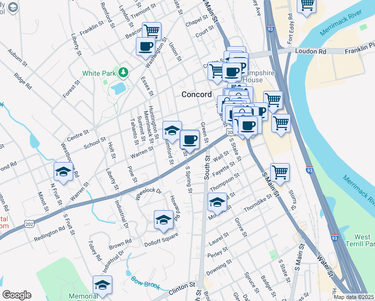 map of restaurants, bars, coffee shops, grocery stores, and more near 18 North Spring Street in Concord