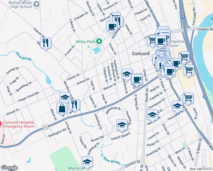 map of restaurants, bars, coffee shops, grocery stores, and more near 5 Tahanto Street in Concord