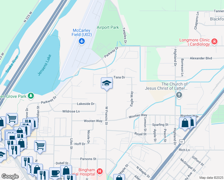 map of restaurants, bars, coffee shops, grocery stores, and more near 800 Airport Road in Blackfoot