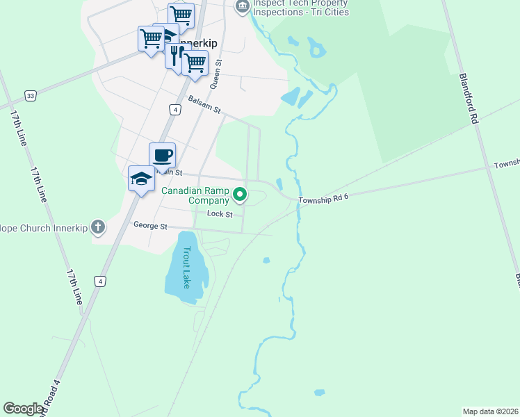 map of restaurants, bars, coffee shops, grocery stores, and more near 78 Matheson Crescent in Innerkip