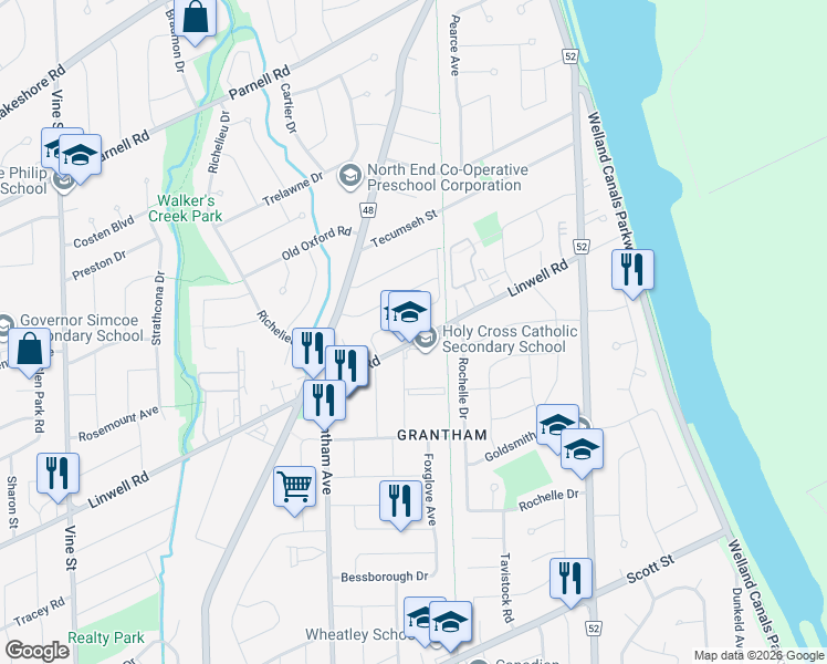 map of restaurants, bars, coffee shops, grocery stores, and more near 14 Glencairn Drive in St. Catharines